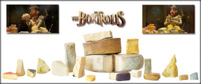 Variety of Cheeses
A young orphaned boy raised by underground cave-dwelling trash collectors tries to save his friends from an evil exterminator. The 2014 Laika stop motion film The Boxtrolls is based on the children's novel â€œHere Be Monstersâ€ by Alan Snow. This is a fascinating array of screen used cheeses that were served and eaten by Lord Portley-Rind and the members of the cheese-loving White Hats, the well-to-do council that Archibald Snatcher desperately wanted to join despite a grotesque allergy to the stuff. The attention to detail on the 15 individual pieces of cheese in the lot is amazing, each hand-painted and measuring 1" to 3". 
Keywords: Variety of Cheeses