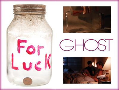 "For Luck" Jar and Penny
This is a glass jar marked â€œFor Luckâ€ was used in the 1990 Patrick Swayze and Demi Moore film, Ghost. The plot centers on a young woman in jeopardy, the ghost of her murdered lover, and a reluctant psychic who assists him in saving her. This type of jar can first be seen in the beginning of the film when Sam Wheat (Patrick Swayze) and Molly Jenson (Demi Moore) are renovating their new apartment and Sam finds the abandoned jar. He makes a comment about the single penny inside and says itâ€™s â€œfor luckâ€. You see this jar next sitting on the bedside table when the couple is lying in bed and the jar has the words â€œFor Luckâ€ wrote on the side in red paint. After Sam is murdered, you then see Molly rolling the jar back and forth on the floor before rolling it over the side making the jar shatter. Then its referenced towards the end of the film when Sam and Oda Mae (Whoopi Goldberg) return to the apartment where by levitating a penny into Molly's hand and mentioning the penny is â€œfor luckâ€ he convinces Molly that Oda Mae is telling the truth about him.
Keywords: "For Luck" Jar and Penny