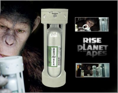 ALZ-113 Canister
â€œHere at Gen-Sys we call it the cure for Alzheimerâ€™s.â€ A substance designed to help the brain repair itself gives advanced intelligence to a chimpanzee who leads an ape uprising. From the 2011 film Rise of the Planet of the Apes, this is a hero canister of the ALZ-113 â€œcureâ€. Seen many times in the film, the ALZ-113 virus gave apes an even greater sense of intelligence, and due to this fact Caesar releases the gas and allows it to enhance the cognitive abilities of the other apes. During the scene when Dodge attempts to get Caesar back into his cage he speaks for the first time, shouting "No!" 
Keywords: ALZ-113 Canister