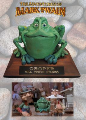 Groper the Frog Puppet
The film features a series of skits extracted from several of Mark Twain's works; while built around a plot that features Twain's attempts to keep his "appointment" with Halley's Comet. The story follows Twain and three children, Tom Sawyer, Huck Finn, and Becky Thatcher, on an airship between various adventures. This is a screen used Groper the Frog puppet used in the scene depicted from the Twain story: "The Celebrated Jumping Frog of Calaveras County".  Made with a internal armature, the puppet is made entirely of clay and is poseable. Still in excellent condition considering it's film use and age, this is a remarkable piece obtained from Will Vinton Studios now known as Laika.
Keywords: Groper the Frog Puppet