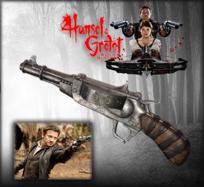 Hansel's Turret Pistol
Hansel & Gretel are bounty hunters who track and kill witches all over the world. As the fabled Blood Moon approaches, the siblings encounter a new form of evil that might hold a secret to their past. This is Hanselâ€™s (Jeremy Renner) stunt turret pistol screen used and matched in the 2013 film, Hansel & Gretel: Witch Hunters. This pistol was originally seen when Hansel picks out his weapons of choice from a wooden cart then later can be matched to the screen cap of Hansel pulling and pointing the weapon in a close-up in the film. This particular style of pistol having a steam punk type of design was also listed to have been based off a weapon known as the Porter pistol which also has the horizontal type turret that houses the ammunition.
Keywords: Hansel's Turret Pistol