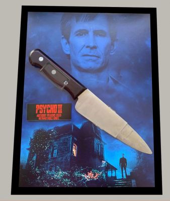 Norman's (Anthony Perkins) Retractable Knife
Set 22 years after the first film, it follows Norman Bates after he is released from the mental institution and returns to the house and Bates Motel to continue a normal life. However, his troubled past continues to haunt him as someone begins to murder the people around him. From the 1983 film Psycho II, this is Normanâ€™s (Anthony Perkins) retractable knife used during stabbing scenes to appear as the knife blade is penetrating the victim. The knife blade has been made hollow with the tip being spring loaded making the tip stay out until the effect is needed.
Keywords: Norman's (Anthony Perkins) Retractable Knife