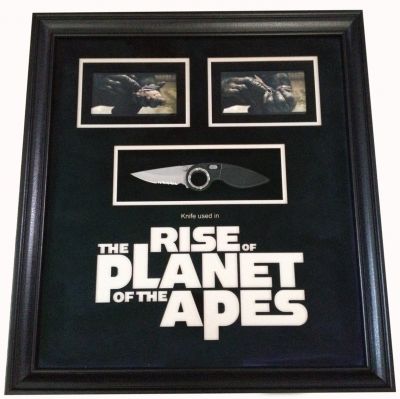 Caesar's Hero Knife
A substance, designed to help the brain repair itself, gives rise to a super-intelligent chimp who leads an ape uprising. This is Caesar's hero knife used in the 2011 film, Rise of the Planet of the Apes. This exact knife can be seen when Caesar steals it from one of Dodge's friends that is brought into the cage area, affixes it to a stick found in the yard and makes a tool to unlock his cage. It can also be seen later after going back to Will's house in the middle of the night. Caesar steals two canisters of the ALZ 113 drug and uses the knife to puncture the canisters to release the drug to the rest of the monkeys in the sanctuary. This knife still has traces of "hair" from the device used on set to act as Caesar when the knife was being used during filming.

Keywords: Caesar's Hero Knife