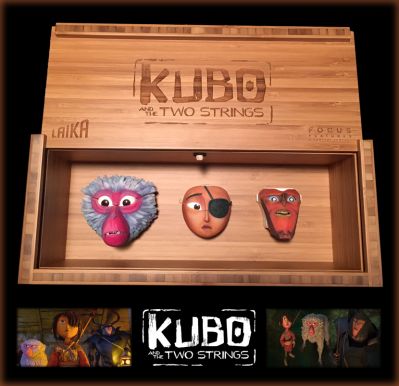 Monkey, Kubo and Beetle Faces Display
In the epic action adventure Kubo and the Two Strings, clever, kindhearted Kubo makes a humble living telling stories to the people of his seaside town. But his relatively quiet existence is shattered when he accidentally summons a spirit from his past which storms down from the heavens to enforce an age-old vendetta. Now on the run, Kubo joins forces with Monkey and Beetle and sets out on a thrilling quest to unlock the secret of his legacy, reunite his family, and fulfill his heroic destiny. This extremely rare and limited released set was given out to only press and critics containing original and authentic screen used character faces of Kubo, Monkey, Beetle and a studio COA from the LAIKA production of the 2016 movie Kubo and the Two Strings.
Keywords: Monkey, Kubo and Beetle Faces Display