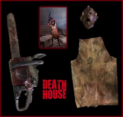 Leatherlaceâ€™s (Debbie Rochon) Costume and Chainsaw
The Death House is the Area 51 of Evil...a subterranean government facility that holds humanity's worst on nine levels. Hell...Dante's ninth level, holds the Five Evils...the "dark stars" of Death House. These individuals are so heinous they can never walk among society again. This is Leatherlaceâ€™s (Debbie Rochon) screen used hero Chainsaw, Apron, and Mask.
Keywords: Leatherlaceâ€™s (Debbie Rochon) Costume and Chainsaw