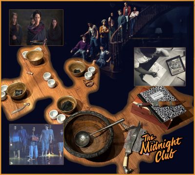 Jake's Journal, Anya's Ash Box, and Ritual Items
Set in a hospice and following eight terminally ill young adults who form "The Midnight Club", meeting up each night to tell each other scary tales; it features an overarching story while also frequently depicting those tales on-screen. From the 2022 Netflix series The Midnight Club, these are different props seen throughout the series and during the â€œRitualâ€ Shasta attempts along with flashbacks. Jakeâ€™s hero journal with hand written pages seen during episode 4: â€œGimme a Kissâ€. Under the journal is the hero wooden box used to hold Anyaâ€™s ashes seen during multiple scenes. The hero metal knives, dishes, bowl and ladel were used during the ritual scenes in episode 9 and 10: â€œThe Eternal Enemyâ€ and â€œ Midnightâ€. When Shasta reveals that she knows about the five-goddess worship and that the religion is much older than Paragon. Ilonka asks the Midnight Club to do a ritual following Shasta's instructions, and all of them participate. This display also contains the small items given and sacrificed by each member in the group that is taking part in the ritual.
Keywords: Jake's Journal, Anya's Ash Box, and Ritual Items