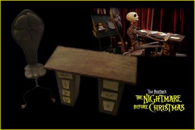 Jack Skellington's Chair and Desk  
This is Jack's screen used chair and desk from the Tim Burton animated classic "The Nightmare Before Christmas". This chair and desk can be seen inside of Jack's house and during the scenes when Jack is trying to figure out what makes Christmas.
Keywords: Jack Skellington's Chair and Desk  