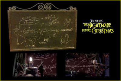Jack Skellington's Chalkboard  
This is Jack's screen used chalkboard from the Tim Burton animated classic "The Nightmare Before Christmas". This chalkboard can be seen in a couple of different scenes throughout the film. Mainly when Jack is trying to solve the math equation the figure out exactly what makes Christmas.  
Keywords: Jack Skellington's Chalkboard  
