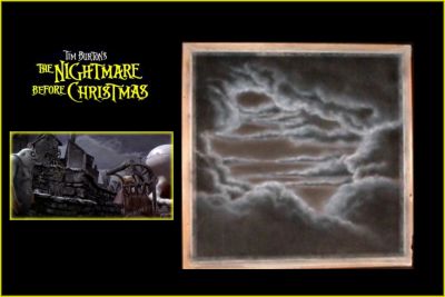 Background Painting of Halloween Town Sky  
This is a screen used painting of the Halloween Town sky from the Tim Burton animated classic "The Nightmare Before Christmas". This painting can be seen when everyone is heading to Halloween Town's Town Hall for the Meeting Jack requested. This is also the same painting used in many of Tim Burton's promotional photograph's when he is posing with the puppets.  
Keywords: Background Painting of Halloween Town Sky  