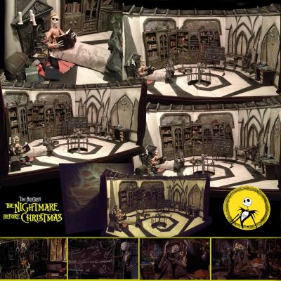 Jack Skellingtonâ€™s House Interior 
This is Jack Skellingtonâ€™s house interior and large scale background painting from the 1993 stop motion musical, The Nightmare Before Christmas. Produced by Tim Burton, this film tells the tale of the Pumpkin King, Jack Skellington (Chris Sarandon and Danny Elfman), who has grown bored with the same old Halloween routine. When he stumbles upon Christmas Town and finds a world of cheer, he devises a plan to take over the role of Santa and spread his own version of joyful holiday terror. This stunning collection of interior pieces includes Jackâ€™s Bed, bookcases, ladder, Christmas Tree, Chalkboard, Walls/Floor, Stairs, Zeroâ€™s bed and bowl, tables/chairs, and many other pieces. Along with the interior of Jackâ€™s house also has and screen used painting of the Halloween Town sky behind it. The painting can be seen when everyone is heading to Halloween Town's Town Hall for the Meeting Jack requested and the painting was used in many of Tim Burton's promotional photographs when he is posing with the puppets. This particular collection of set pieces from one film set is believed to be the largest collection in private hands and a fantastic look into the world of Tim Burtonâ€™s stop motion classic.
Keywords: Jack Skellingtonâ€™s House Interior 