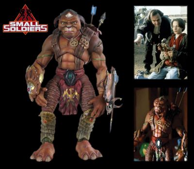 Archer Puppet
This is a screen-used â€œArcherâ€ hero puppet with light-up belt from the 1998 film, Small Soldiers. Archer is the leader of the â€œGorgonites,â€ a band of peaceful toy creatures. This puppet was created by the artists at the Academy Award-winning effects house, Stan Winston Studio and this specific puppet was featured in scenes when a static figure was needed instead of the animatronic version. Built on a posable armature with ball and socket joints, Archer also has an LED light embedded in the front of the belt buckle that lights up and symbolizes the â€œtoysâ€ being cut on and coming to life. Standing thirteen inches tall the puppet and exhibiting some production wear from usage on set. 
Keywords: Archer Puppet