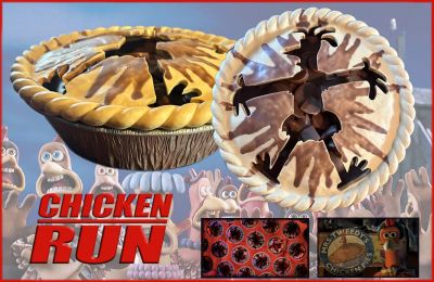 Chicken Pie
This is a chicken pie from Peter Lord and Nick Park's stop-motion animated comedy film Chicken Run. Chickens fought to escape Mrs. Tweedy's farm before she could turn them into pies. This resin pie is molded and painted to appear as if a chicken has burst through a brown crust baking in an aluminum crimped pastry base with a rubber made gravy looking interior.
Keywords: Chicken Pie