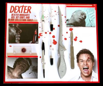 Dexter Morganâ€™s (Michael C. Hall) Kill Kit Knife and Blood Collection Tools
He's smart. He's lovable. He's Dexter Morgan; America's favorite serial killer, who spends his days solving crimes and committing them. This is Dexter Morganâ€™s (Michael C. Hall) kill kit knife and blood collection tools. The stunt filet knife can be seen multiple times, and the other tools are used and seen throughout the series. The droppers and syringe originally had remnants of fake blood inside. As Dexter kills each of his targets, he takes a drop of their blood and puts it on a slide to keep as a souvenir.
Keywords: Dexter Morganâ€™s (Michael C. Hall) Kill Kit Knife and Blood Collection Tools