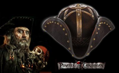 Blackbeard's (Ian McShane) Tri-Corn Hat 
This is Blackbeardâ€™s (Ian McShane) instantly recognizable signature hat from the 2011 Disney film, Pirates of the Caribbean: On Stranger Tides. This pirate hat consists of a stiff blocked felt tri-corn hat with braided leather hatband and brass gumdrop-shaped studs lining the traditionally folded-up brim of the character hat. With decorative hammered brass ribbon decoration in an ornate dome fastened to the crown of the hat by metal rivets. A leather and lace applique border along the edge of the hat brim with an Interior lined in fabric for comfort of the wearer and retains the handwritten label â€œBlk Beard S-1â€ and can be seen throughout the film as part of Blackbeardâ€™s legendary apparel.
Keywords: Blackbeard's (Ian McShane) Tri-Corn Hat 