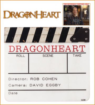 Dragonheart Clapper
The last dragon and a disillusioned dragonslaying Knight must cooperate to stop an evil King, who was given partial immortality. This was the primary clapperboard used in the making of the 1996 film Dragonheart by director Rob Cohen who kept it after filming concluded and displayed it in his home as seen in the picture from an interview.
Keywords: Dragonheart Clapper