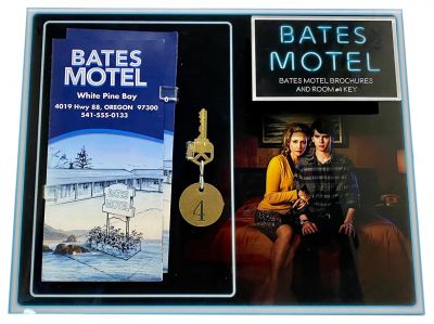 Bates Motel Brochures and Room #4 Key
A contemporary prequel to Psycho, giving a portrayal of how Norman Bates' psyche unravels through his teenage years and how deeply intricate his relationship with his mother Norma, truly is. From the 2013-2017 series Bates Motel, these are two of the Bates Motel brochures seen throughout in the series and the key to one of the most memorable rooms, room #4. Not only is the diary of Jiao found under the carpet of room 4, but Annika Johnson also stayed there while going missing, when Norman was the last person to be seen with her.
Keywords: Bates Motel Brochures and Room #4 Key