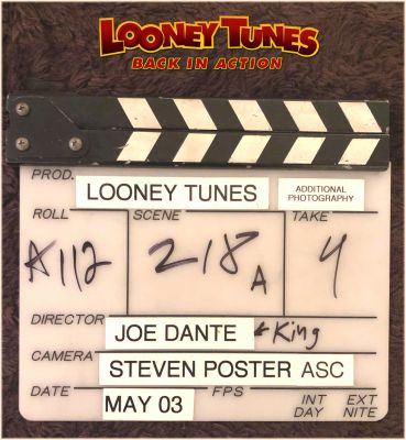 Looney Tunes: Back in Action Filming Slate
The Looney Tunes search for a man's missing father and the mythical Blue Monkey diamond. From the 2003 film Looney Tunes: Back in Action, this is a filming slate used during the production of the film making process.  A â€œSlateâ€ or Clapperboard is a device used in film making and video production to assist in synchronizing of picture and sound, and to designate and mark the various scenes and takes as they are filmed and audio-recorded.
Keywords: Looney Tunes: Back in Action Filming Slate