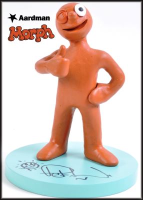 Morph
From Aardman Animations, this is Morph; as created by Aardman co-creator Peter Lord. The character is signed on the base by Lord in black ink, adding a sketch of Morph alongside his autograph. With a certificate for the original to which was donated by Mr. Lord. 
Keywords: Morph