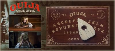 Ouija Board and Planchette
Ouija: Origin of Evil used a Ouija Board as a dark communication device for the evil presence that dwelled in the protagonist’s house. The Property Department fabricated five matching Ouija boards for the production. Several boards were used by the Special Effects Department. For these boards, they stenciled the graphics of the Ouija Board on the back of the boards. This allowed the effects crew to manipulate the Planchettes with magnets from below the table. The result was the illusion that the Planchettes moved on their own seemingly by the dark presence in the cellar. The remaining boards were interchangeably used during filming of the show. Occasionally, the Planchettes scratched the boards and we swapped out the boards to repair the scratches. This specific Ouija Board was obtained direct from the film’s prop master and was one of the principle boards used in the production.
Keywords: Ouija Board and Planchette