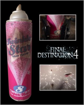 Twinkle Star Hair Spray Can
A stunt Twinkle Star Hair Spray Canister from the 2009 horror sequel, The Final Destination. During Samantha's (Krista Allen) last minute hair appointment, an aerosol can of hairspray gets a little too close to a hot straightener causing the can to explode and in turn, takes out a ceiling fan, which barely misses Samantha's (Krista Allen) lap. This hairspray can features a custom label that was distressed by production. Made of foam with an inner metal core this hairspray can was shot in the air and into the ceiling fan.
Keywords: Twinkle Star Hair Spray Can