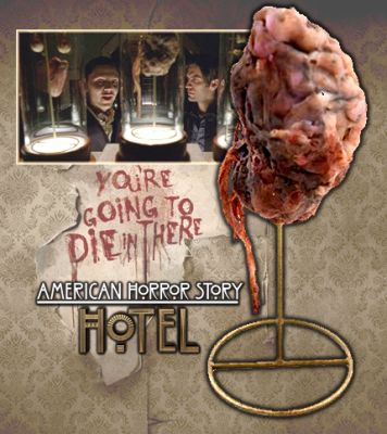 Ten Commandment Killer's "Thou Shalt Not Worship False Idols" Trophy
Centered on the mysterious Hotel Cortez in Los Angeles, California, that catches the eye of an intrepid homicide detective (Bentley). The Cortez is host to many disturbing scenarios and paranormal events, and is overseen by its enigmatic matron, The Countess (Gaga), who is a bloodsucking fashionista. The hotel is loosely based on an actual hotel built in 1893 by H. H. Holmes in Chicago, Il. for the 1893 World's Columbian Exposition. It became known as the 'Murder Castle' as it was built for Holmes to torture, murder, and dispose of evidence just as is the Cortez. From the 2015 season American Horror Story: Hotel, this is Ten Commandment Killer's "Thou Shalt Not Worship False Idols" trophy with itâ€™s glass globe. Martin Gamboa was a film fanatic with a carefully curated collection of movie memorabilia. He was guilty of idolatry; a bit of a stretch, sure, but no one really worships idols anymore. And Gamboa had other sins. Far worse ones. John Lowe caved in Gamboa's skull with the golden statue and took his brain for the hidden trophy chamber inside the Cortez.
Keywords: Ten Commandment Killer's "Thou Shalt Not Worship False Idols" Trophy
